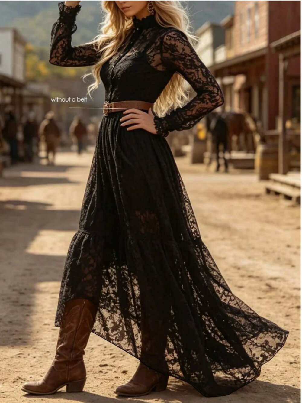 Victorian Black Lace Maxi Dress High Neck Long Sleeve Gothic Boho Gown - Picture 5 of 13
